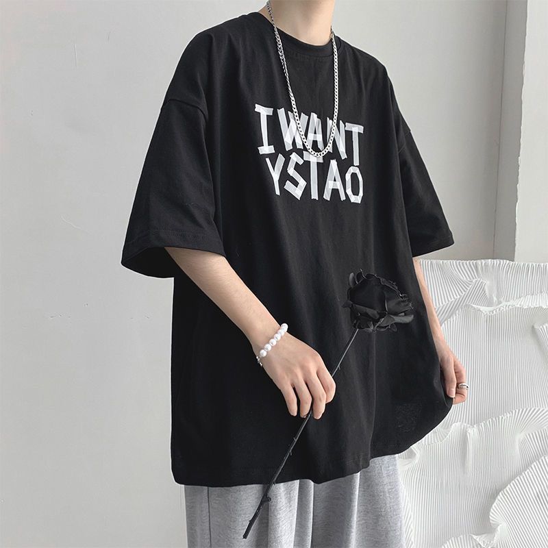 Tide brand summer short-sleeved T-shirt men  new hip-hop large size five-point sleeve top trend loose Hong Kong style T-shirt