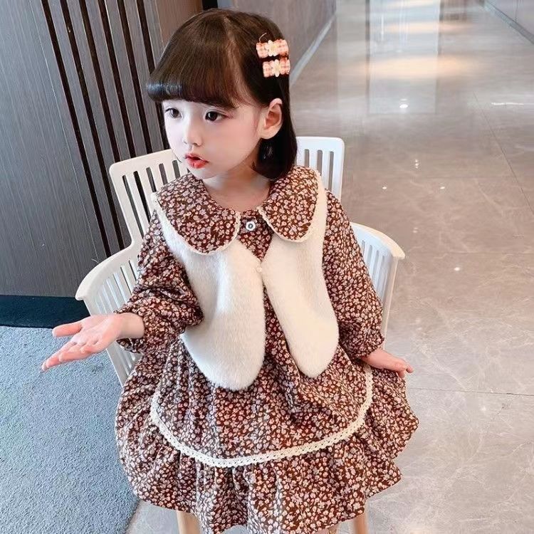 Baby girl spring and autumn fashion suit children's long-sleeved floral dress children's vest wool sweater girls fashion