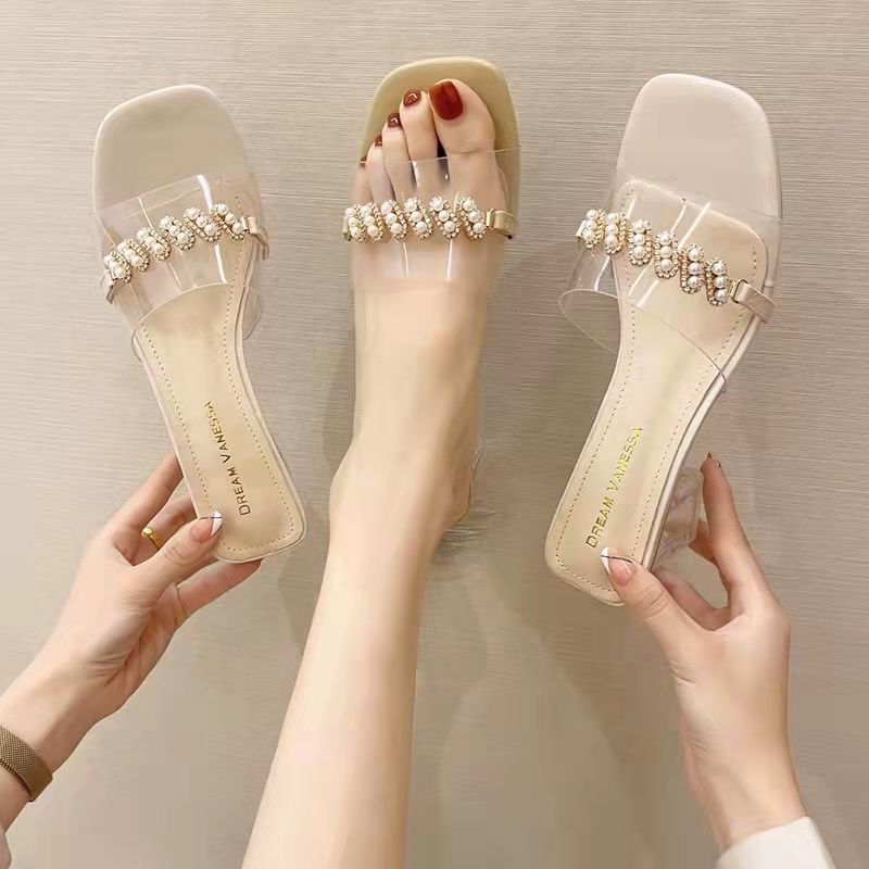 年新款夏季透明凉鞋女仙女风珍珠水晶粗跟潮凉拖鞋中跟配裙子