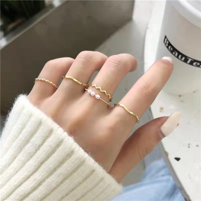 Five-piece set ~ Japanese style light luxury pearl ring for women niche design simple ins trend internet celebrity vegetarian ring index finger tail ring