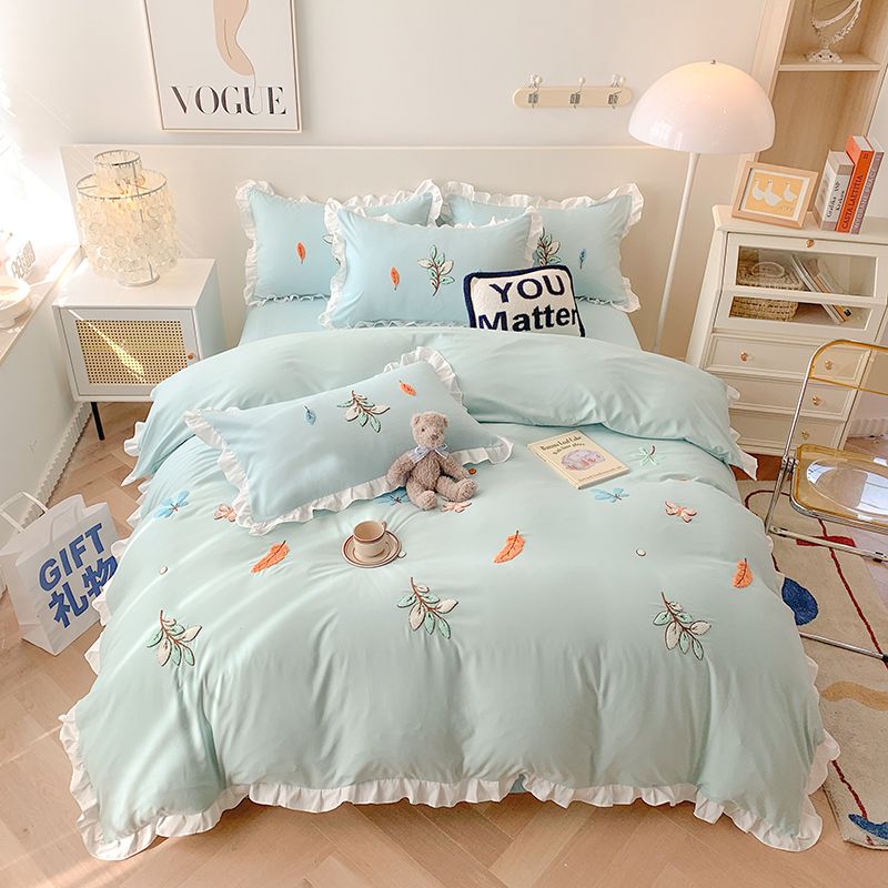  New Washed Cotton Towel Embroidered Four-piece Set Korean Girl Heart Bed Single Simple Three-piece Set Bedding