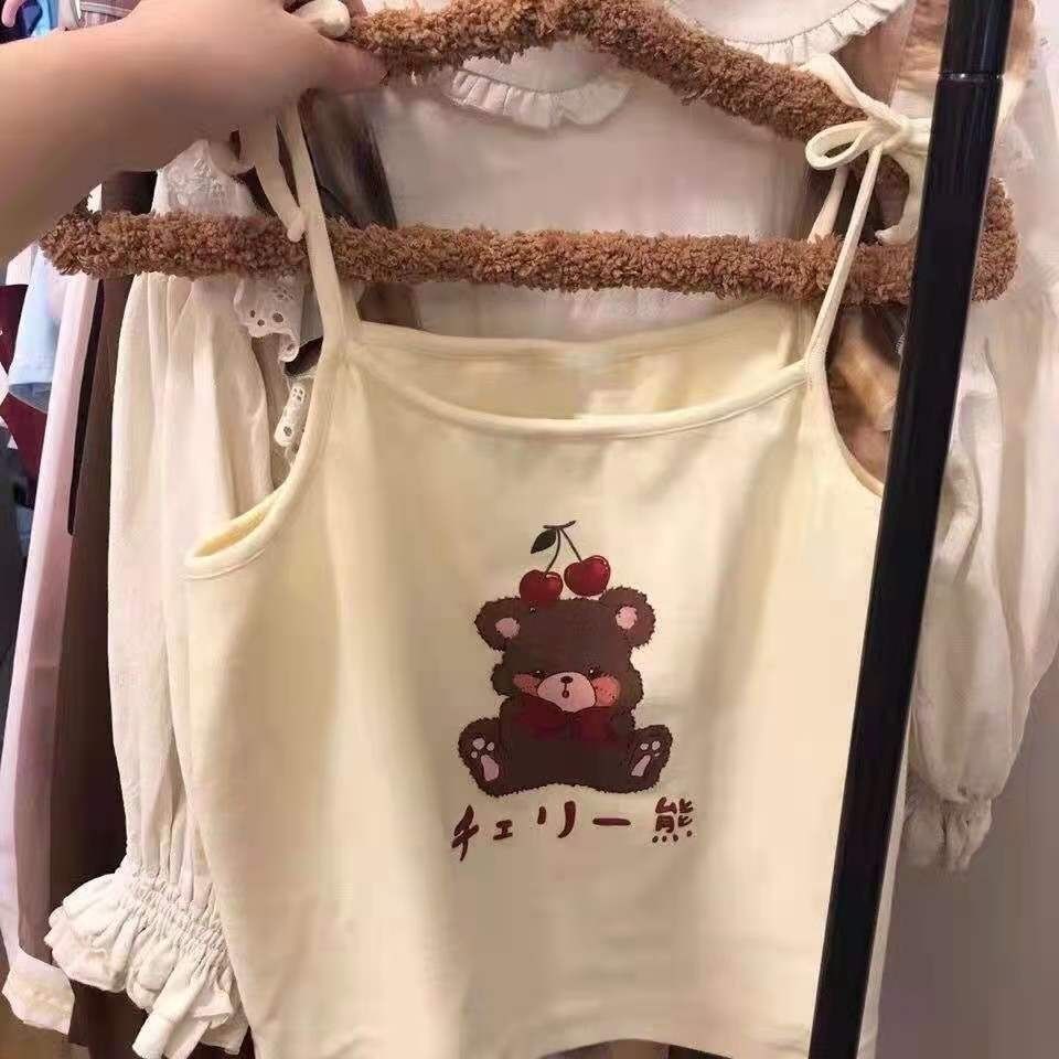 Summer new Japanese soft girl cute bear print tie belt inside and outside wear looks thin short small camisole for women