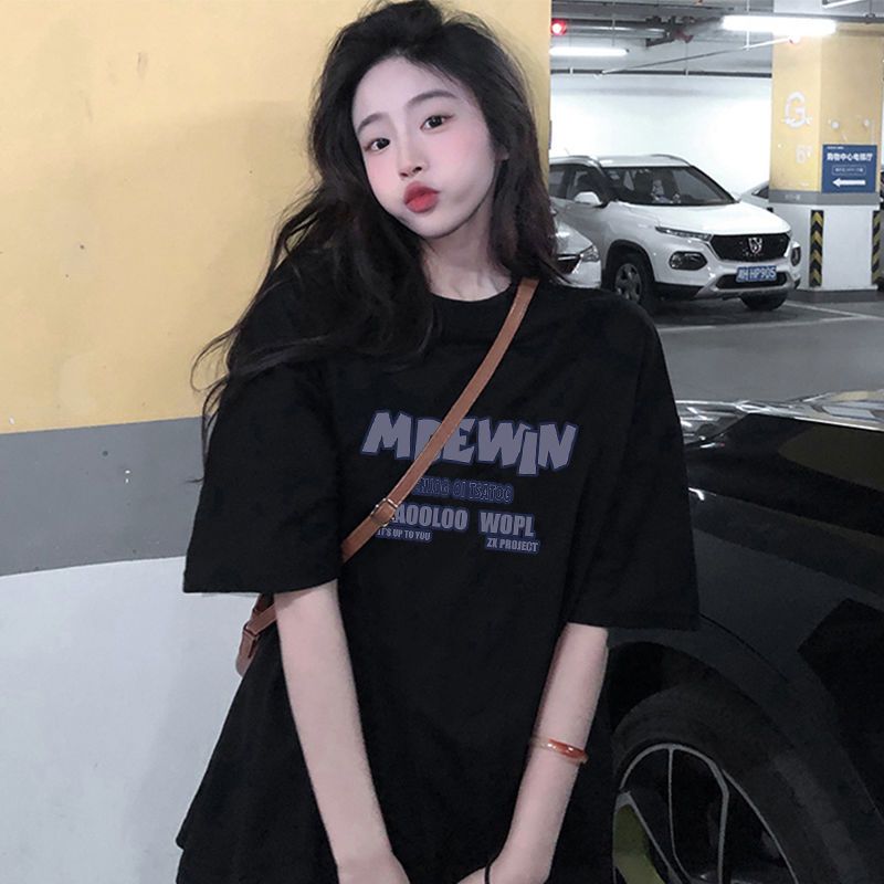100%純棉短袖t恤女夏季新款寬鬆百搭顯瘦印花半袖休閒ins風上衣服