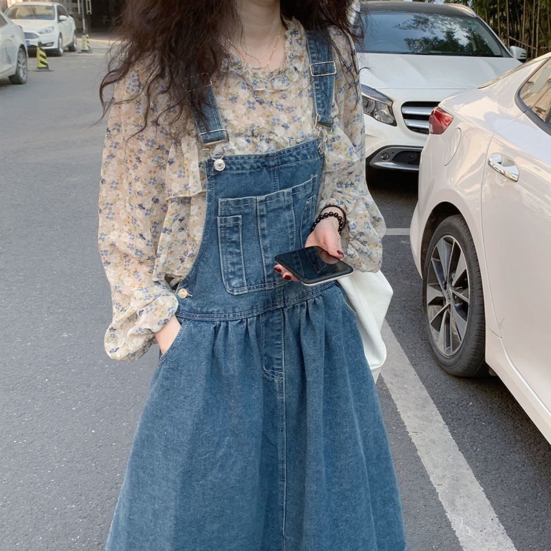 減齡氣質牛仔背帶裙女寬鬆夏季大碼中長款收腰蓬蓬裙顯瘦連衣裙子