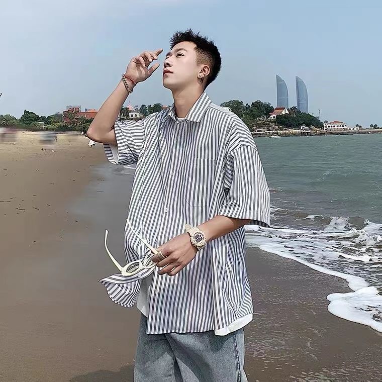 Striped short sleeve shirt men's summer ins ruffian handsome design sense niche shirt Hong Kong Style Japanese trend shirt coat