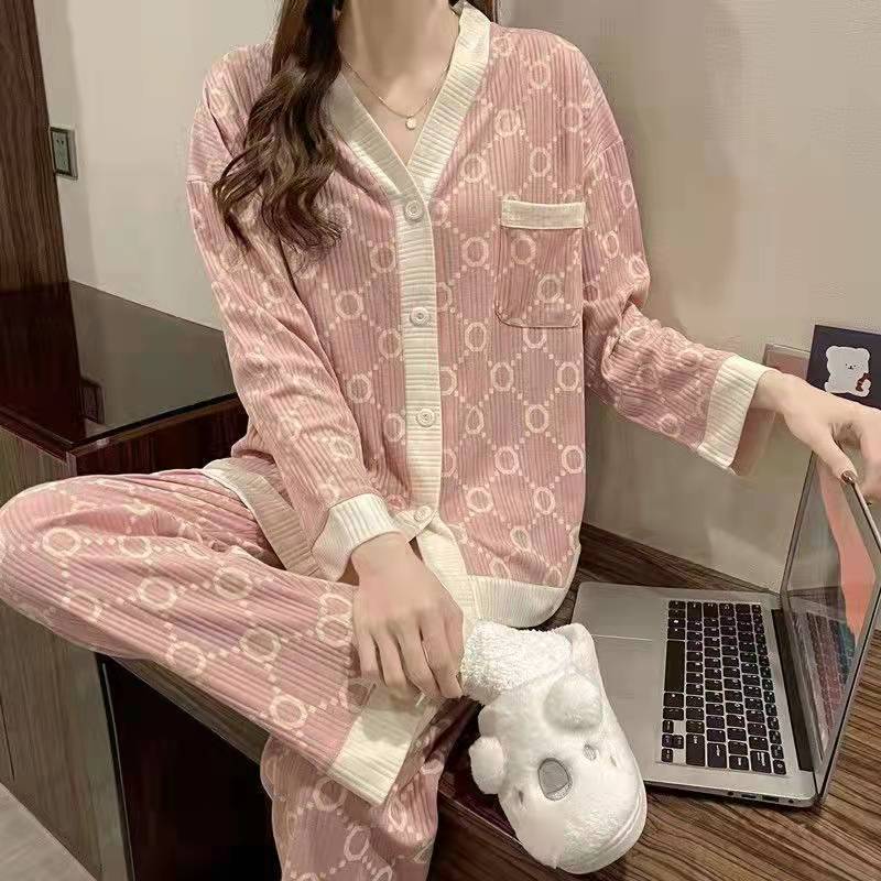 Pajama girl spring and autumn new net red Japanese color contrast ins long sleeve cardigan can be worn outside home clothes suit winter and summer