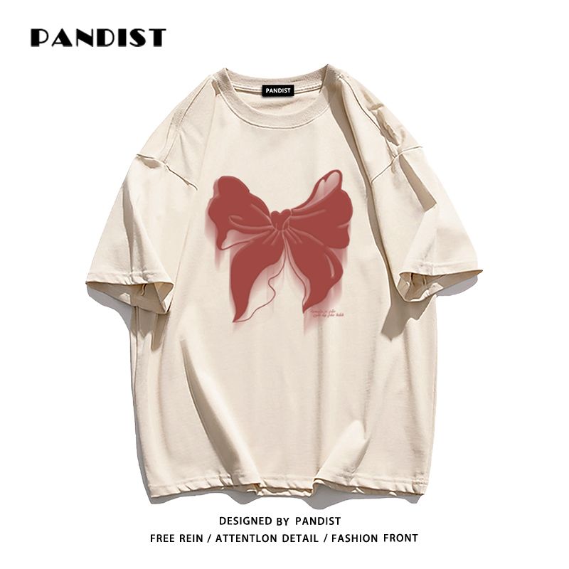 PANDIST夏季新款纯棉国潮原创小众设计感蝴蝶结短袖T恤男休闲上衣