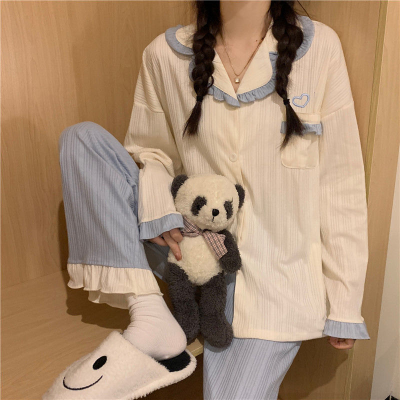 Pajama girl spring and autumn new net red Japanese color contrast ins long sleeve cardigan can be worn outside home clothes suit winter and summer
