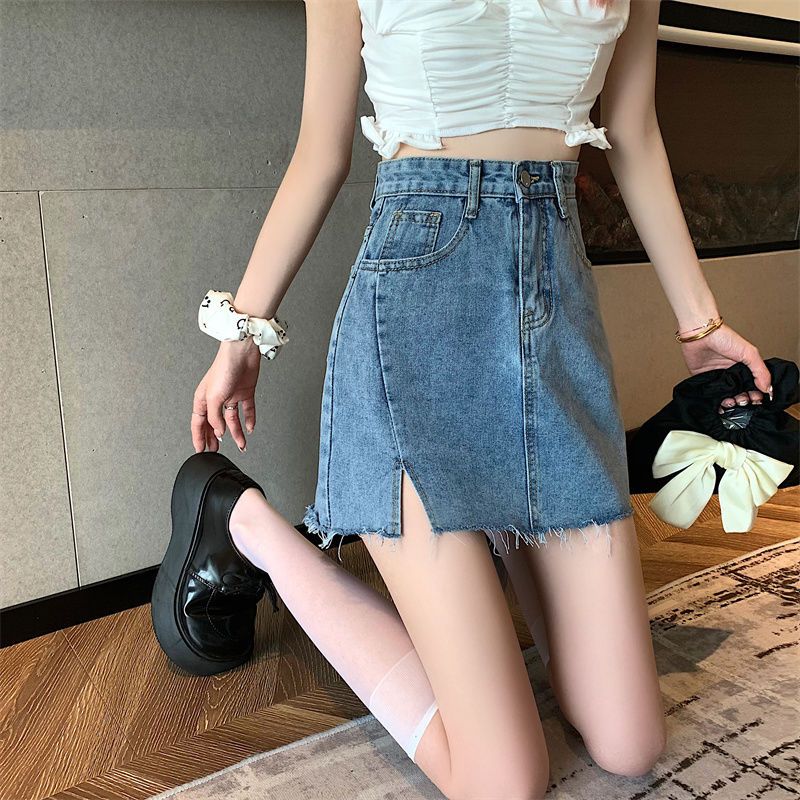 開叉A字半身裙春夏季新款牛仔短裙女大碼胖妹妹包臀高腰裙子
