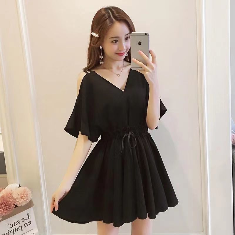 Large size fat mm black V-neck dress women's summer  new fashion strapless waist slimming skirt 200 catties