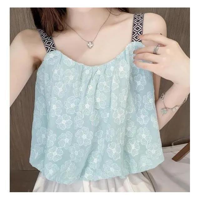  new one-shoulder sleeveless suspender top foreign style age-reducing flower short vest female summer outerwear doll shirt