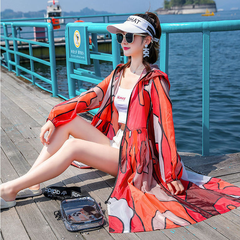 Colorful sun protection jacket for women, mid-length 2023 new summer thin loose style anti-UV printed sun protection jacket trendy