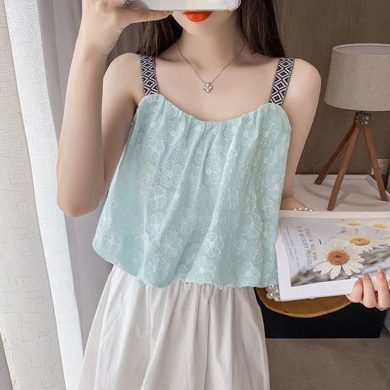  new one-shoulder sleeveless suspender top foreign style age-reducing flower short vest female summer outerwear doll shirt