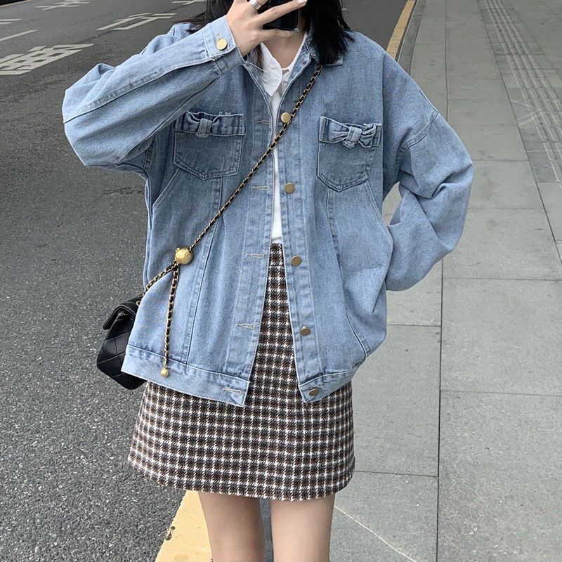 Net red bow denim jacket women's spring new loose student all-match loose age-reducing long-sleeved jacket jacket