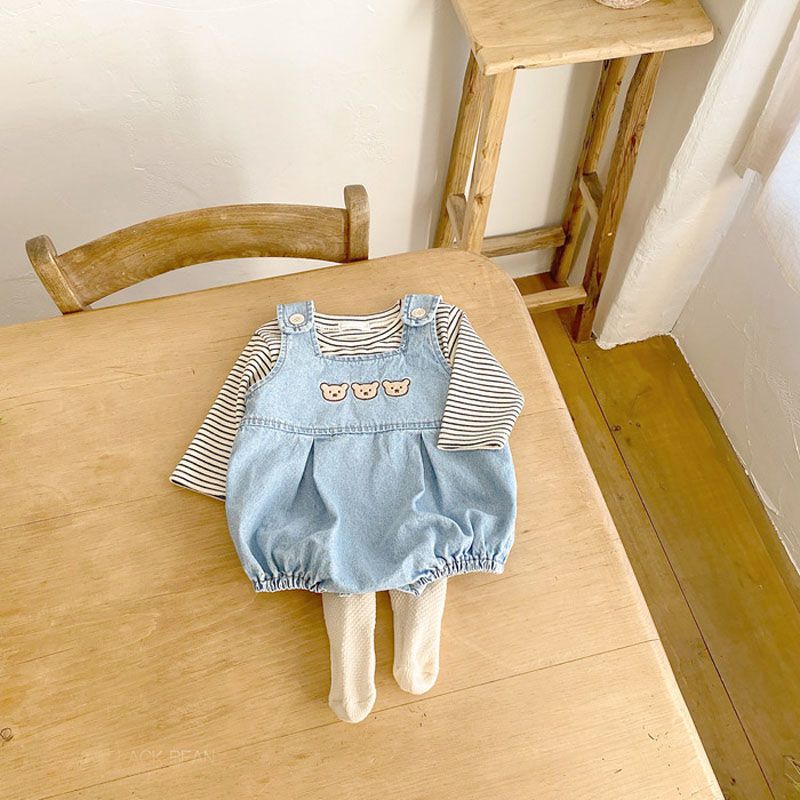 Korean version of ins spring and autumn male and female baby infants and young children cartoon bear jumpsuit denim bib pants trendy climbing clothes