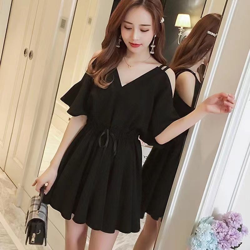 Large size fat mm black V-neck dress women's summer  new fashion strapless waist slimming skirt 200 catties