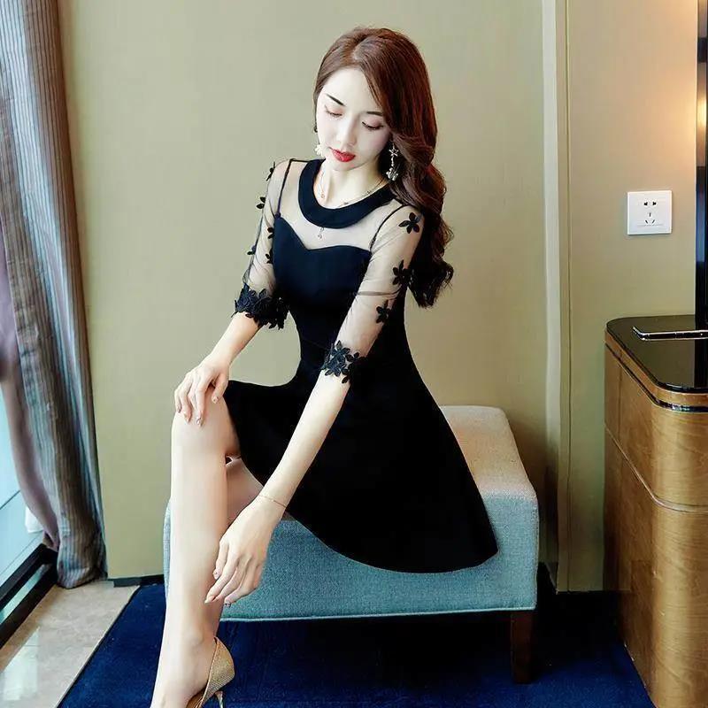 Korean version of black evening dress summer dress new  slim sexy careful machine mesh splicing skirt female