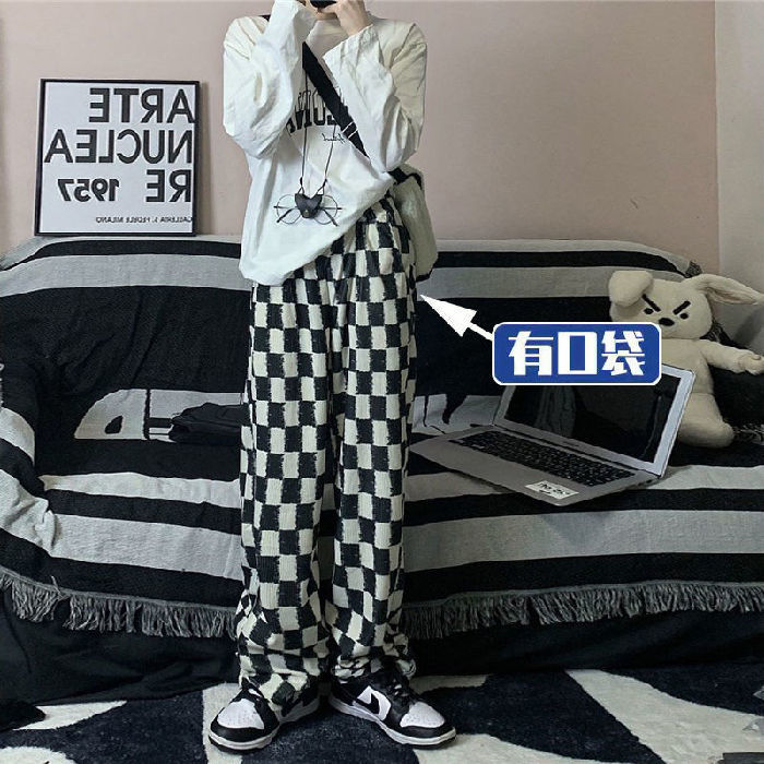 Checkerboard casual pants for women 2022 spring and summer new Korean version slimming straight pants design high waist plaid wide leg pants