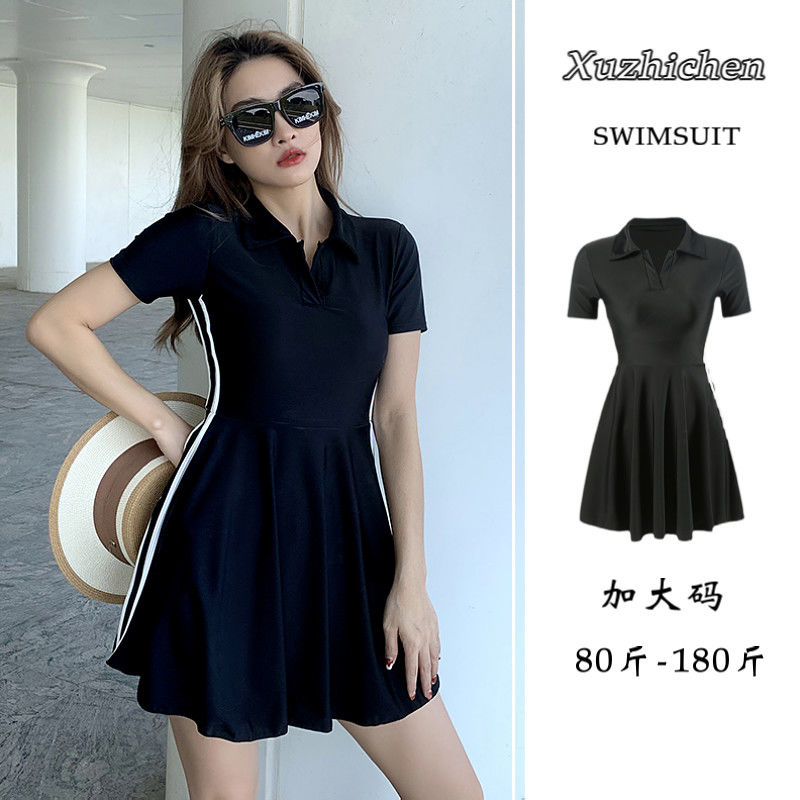 Swimsuit for women in hot springs plus size fat mm split swimsuit black sports conservative covering the flesh and slimming v-neck one-piece skirt style