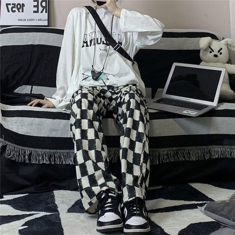 Checkerboard casual pants for women 2022 spring and summer new Korean version slimming straight pants design high waist plaid wide leg pants