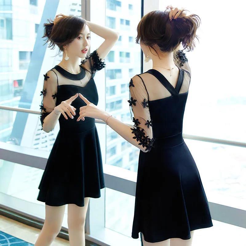 Korean version of black evening dress summer dress new  slim sexy careful machine mesh splicing skirt female