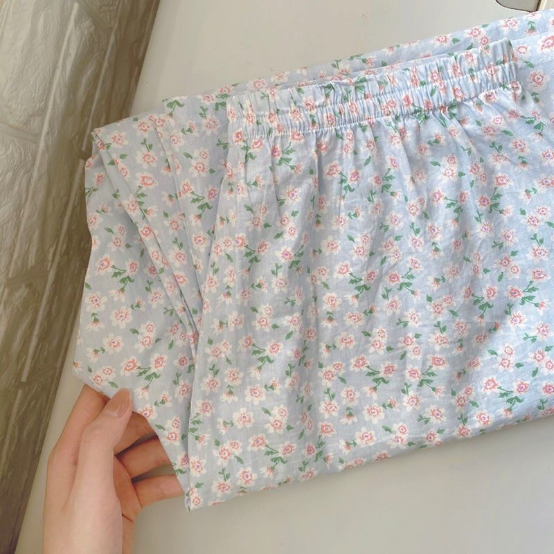 Korean spring and summer thin section blue floral sweet casual home pants women can wear air-conditioning pants autumn pajama pants trousers