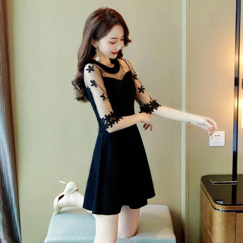 Korean version of black evening dress summer dress new  slim sexy careful machine mesh splicing skirt female