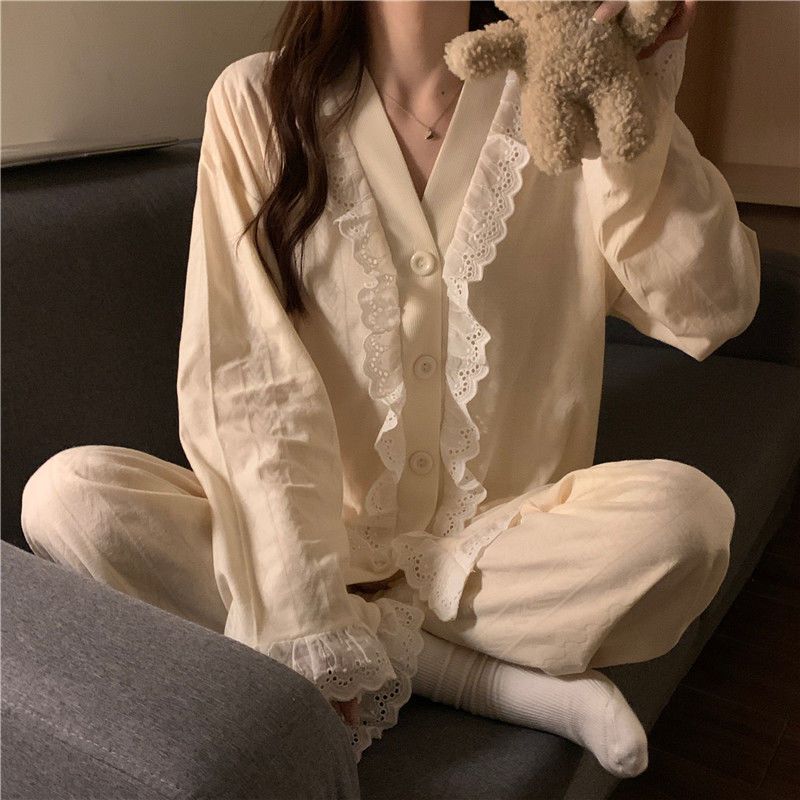 Korean version of early spring ins sweet pearl fungus lace cream jacquard apricot long-sleeved trousers pajamas home clothes