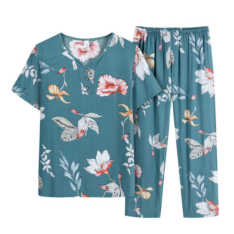 Middle-aged and elderly women's summer new cotton silk two-piece set middle-aged mother cotton silk summer thin section short-sleeved grandma suit