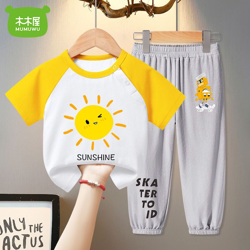 木木屋儿童套装男童夏季宝宝短袖T恤婴儿防蚊裤纯棉运动两件套薄3