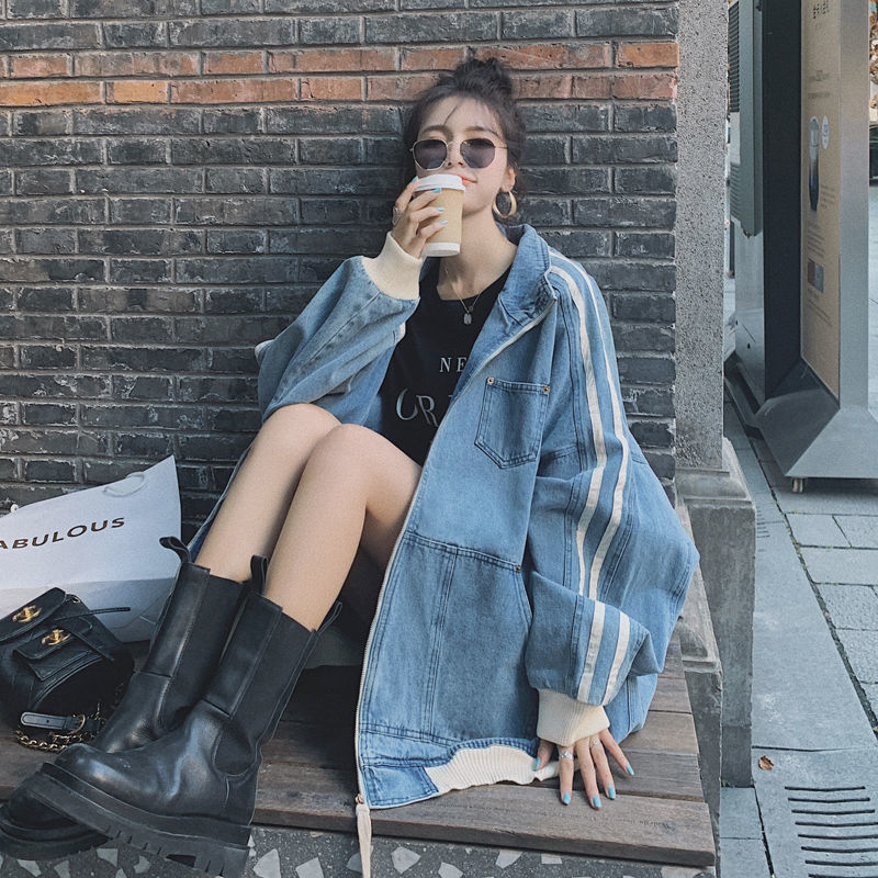Design sense mid-length color contrast striped denim jacket women's loose autumn and winter large size retro splicing jacket top clothes