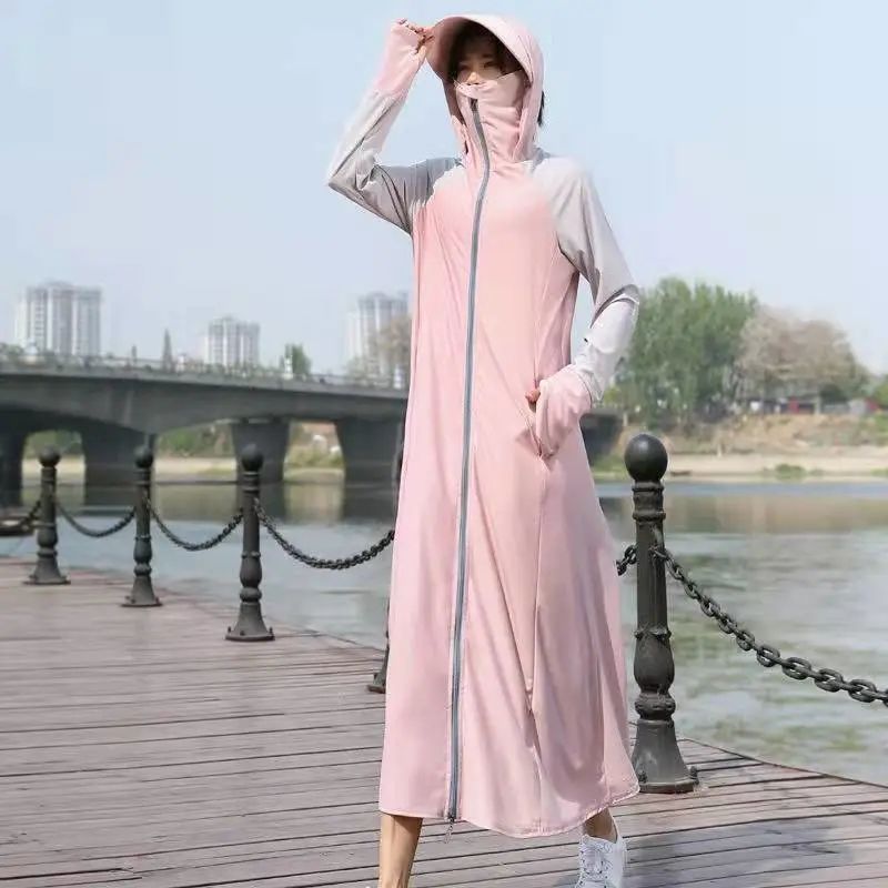 Sunscreen clothes women's knee length breathable sunscreen clothes thin ice silk long sleeve anti ultraviolet thin coat