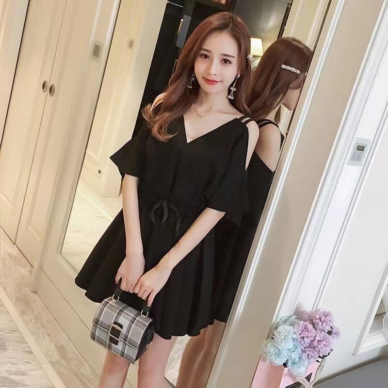 Large size fat mm black V-neck dress women's summer  new fashion strapless waist slimming skirt 200 catties