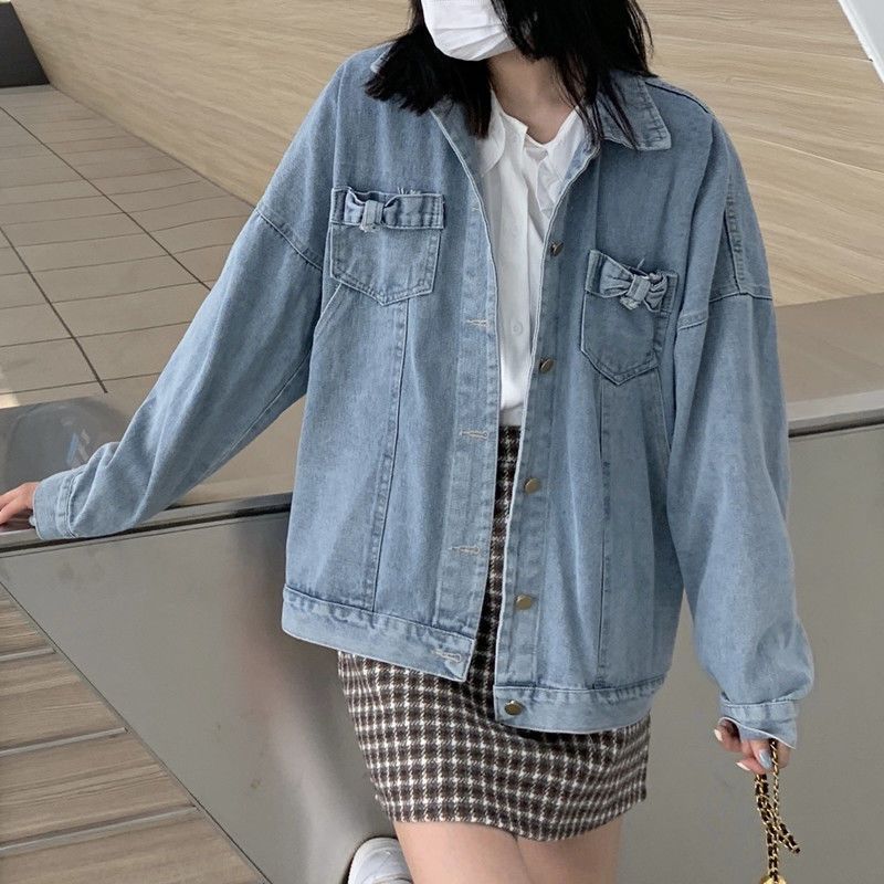 Net red bow denim jacket women's spring new loose student all-match loose age-reducing long-sleeved jacket jacket