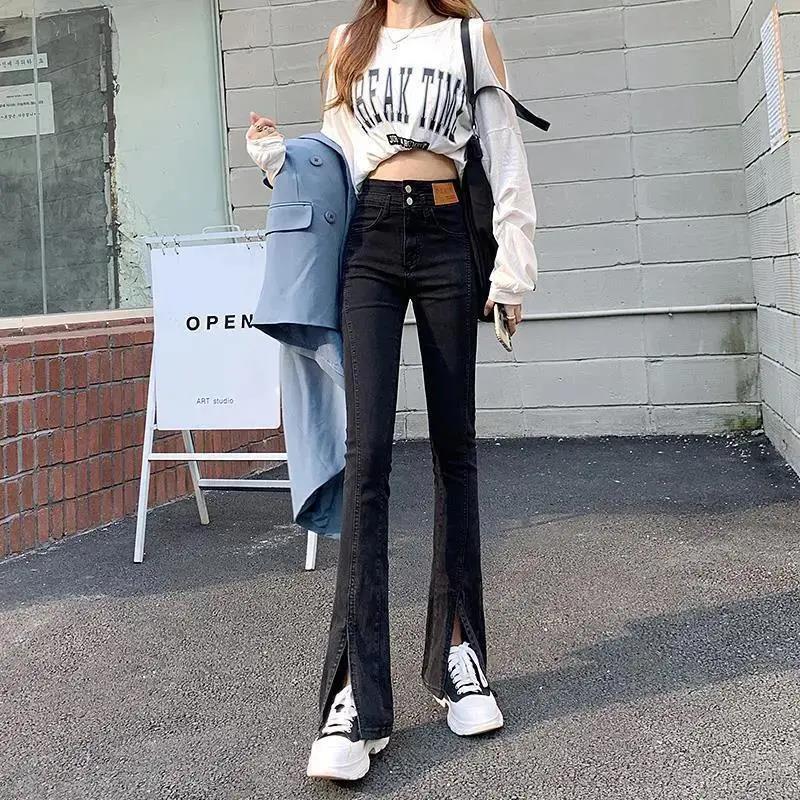 春秋新款黑色開叉彈力微喇叭牛仔褲女高腰緊身顯瘦拖地長褲子女潮