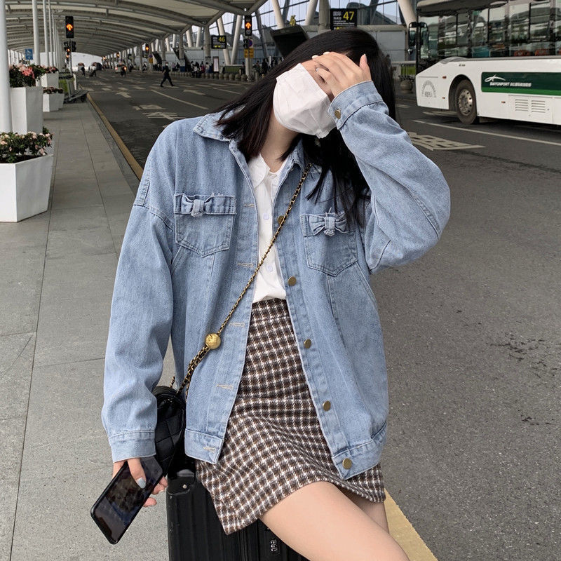 Net red bow denim jacket women's spring new loose student all-match loose age-reducing long-sleeved jacket jacket