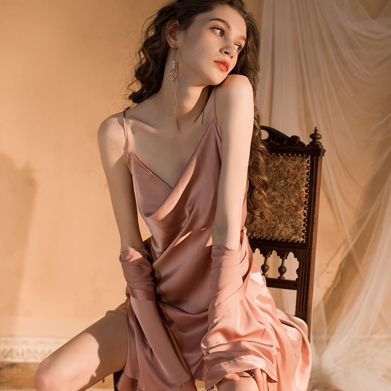 Wedding red pajamas silk female spring and autumn sexy suspender nightdress ice silk nightgown French foreign trade two-piece set