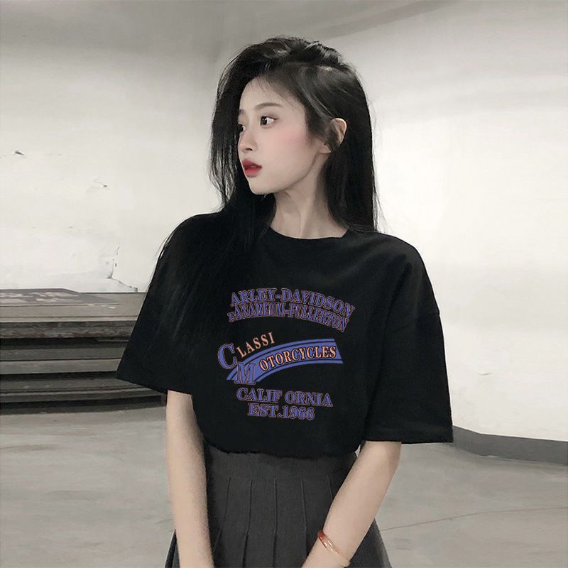 100%純棉短袖t恤女夏季新款寬鬆百搭顯瘦印花半袖休閒ins風上衣服