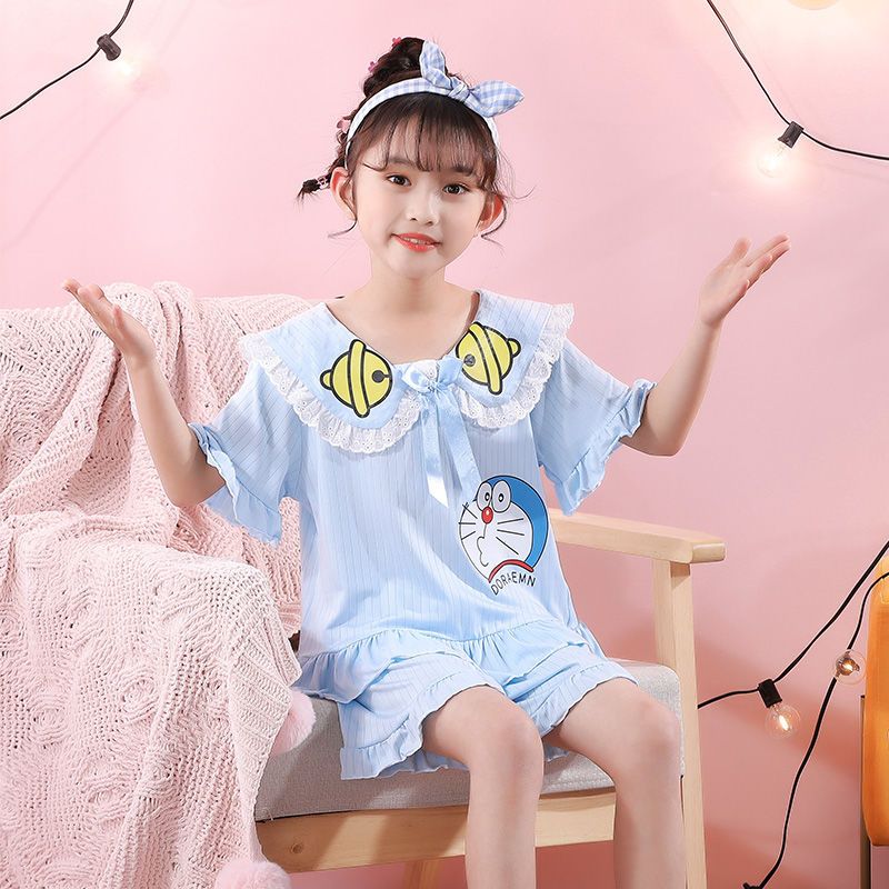 Children's summer loose pajamas girls cartoon princess wind thin section short-sleeved middle and big children's air-conditioning suit suit home service