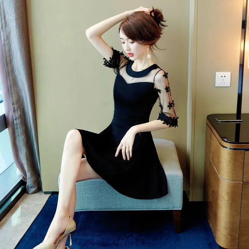 Korean version of black evening dress summer dress new  slim sexy careful machine mesh splicing skirt female