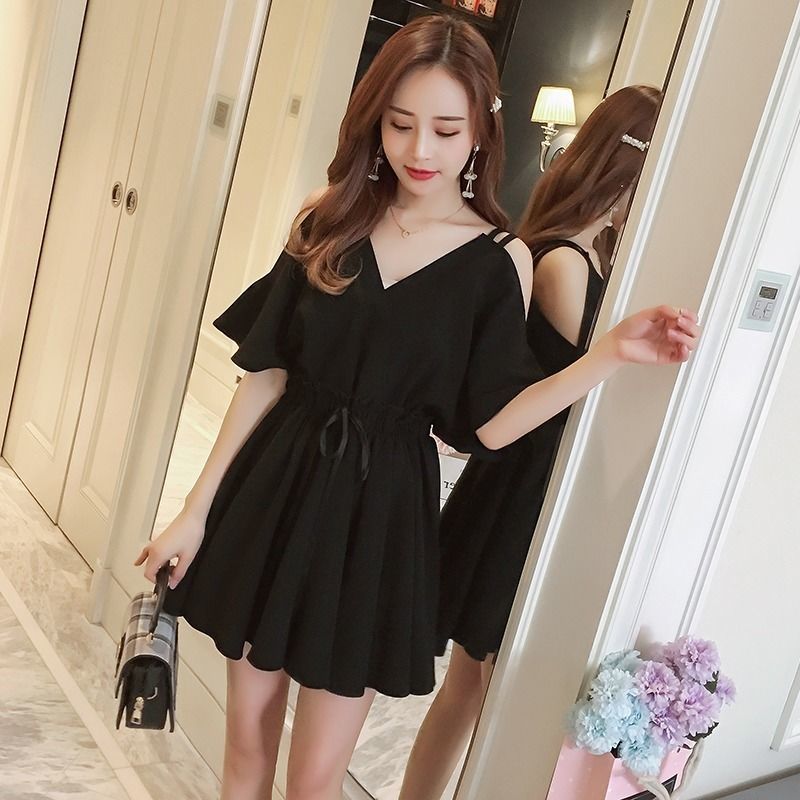 Large size fat mm black V-neck dress women's summer  new fashion strapless waist slimming skirt 200 catties