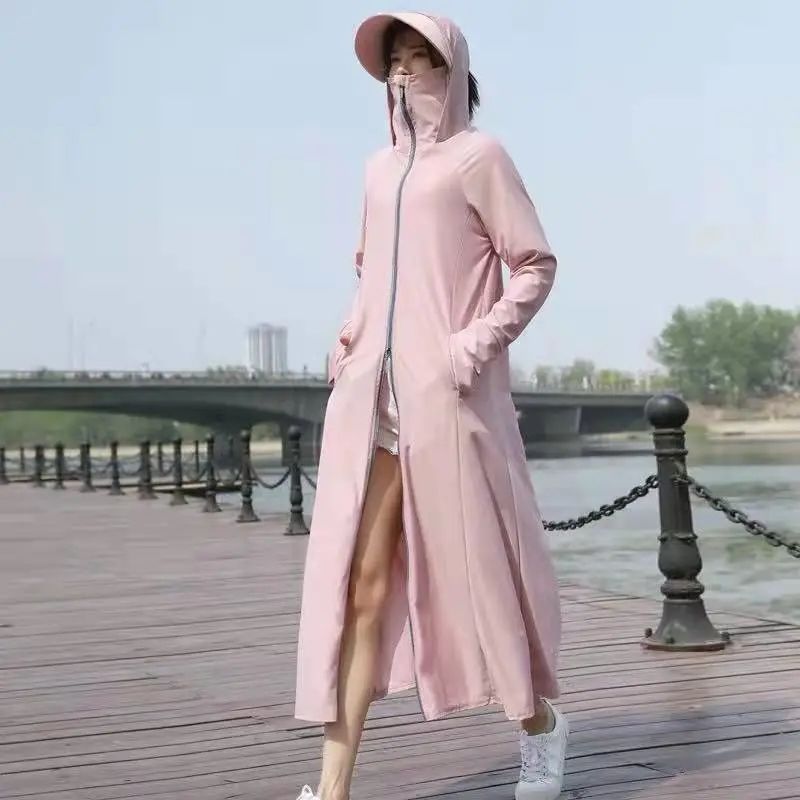 Sunscreen clothes women's knee length breathable sunscreen clothes thin ice silk long sleeve anti ultraviolet thin coat