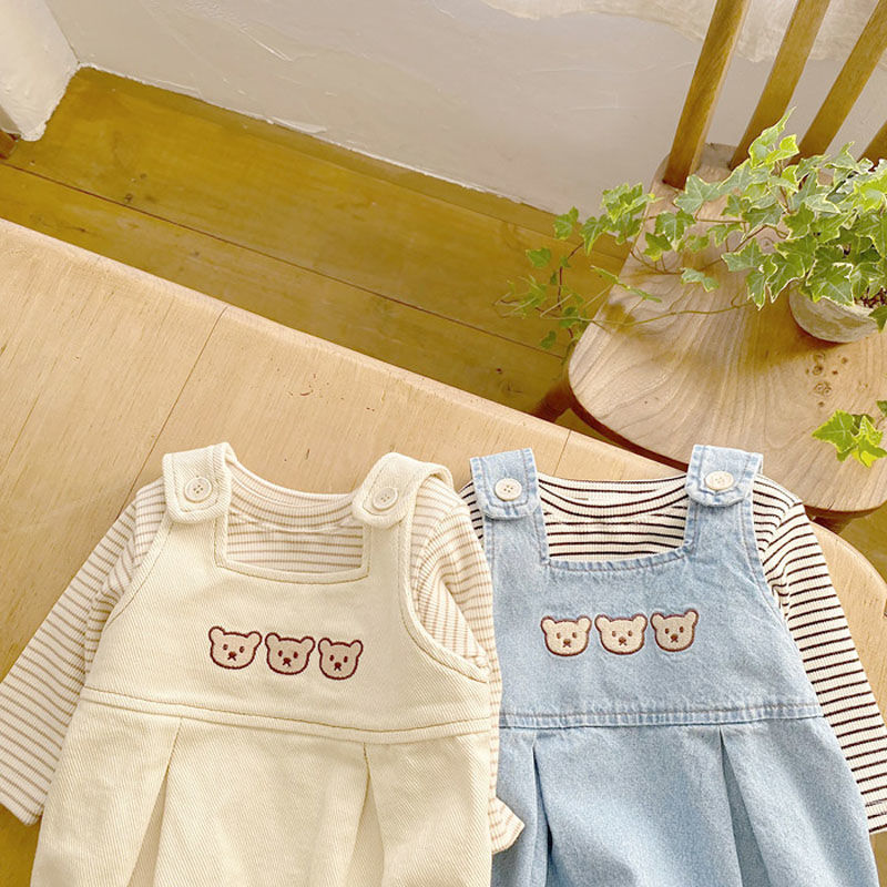 Korean version of ins spring and autumn male and female baby infants and young children cartoon bear jumpsuit denim bib pants trendy climbing clothes