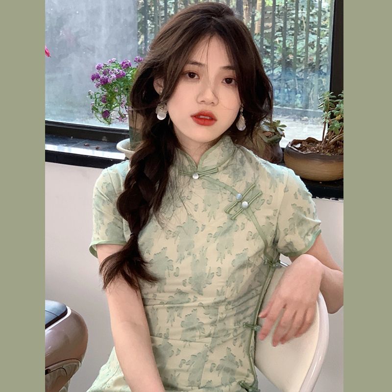 蝕骨綠色改良旗袍民國風大小姐復古2023年新款年輕款連衣裙女夏季
