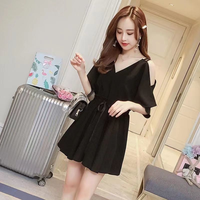 Large size fat mm black V-neck dress women's summer  new fashion strapless waist slimming skirt 200 catties