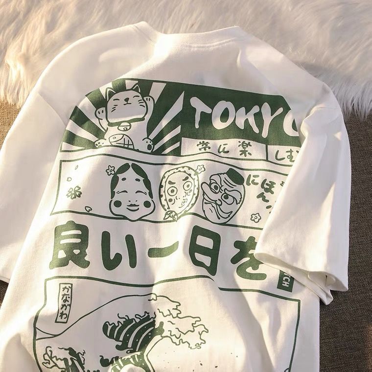 100%純棉夏季日系復古印花短袖t恤男女潮牌街頭寬鬆百搭學生新款