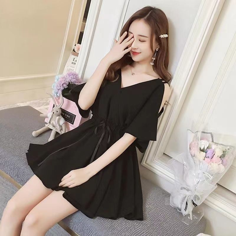 Large size fat mm black V-neck dress women's summer  new fashion strapless waist slimming skirt 200 catties