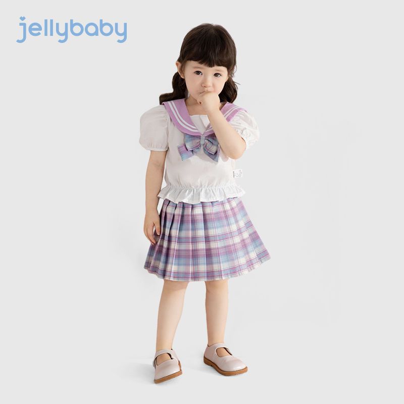 Jellybee baby college wind suit girls summer short-sleeved two-piece set little girl children jk uniform summer