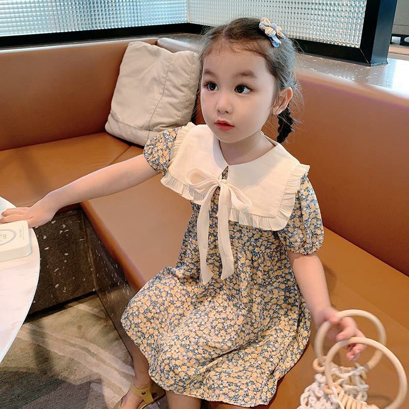 女童連衣裙娃娃領寶寶新款蝴蝶結碎花夏季嬰兒公主裙兒童夏天裙子