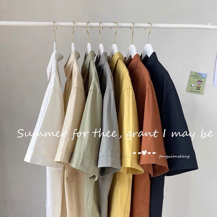 Summer solid color short-sleeved shirt men's loose Japanese workwear five-quarter sleeve top Hong Kong style all-match trendy half-sleeved shirt